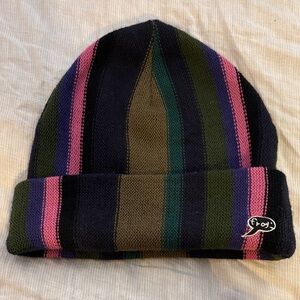 Striped Knit Beanie - Pink, Green, and Brown
